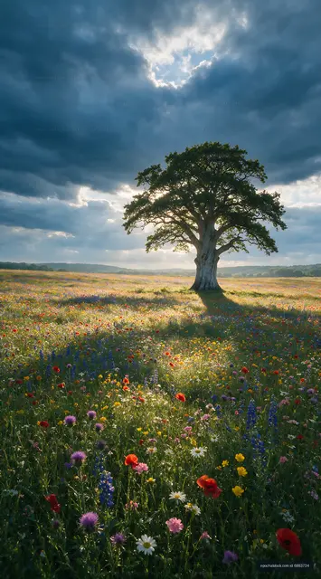 Sunlight through clouds over a tree in a flower field