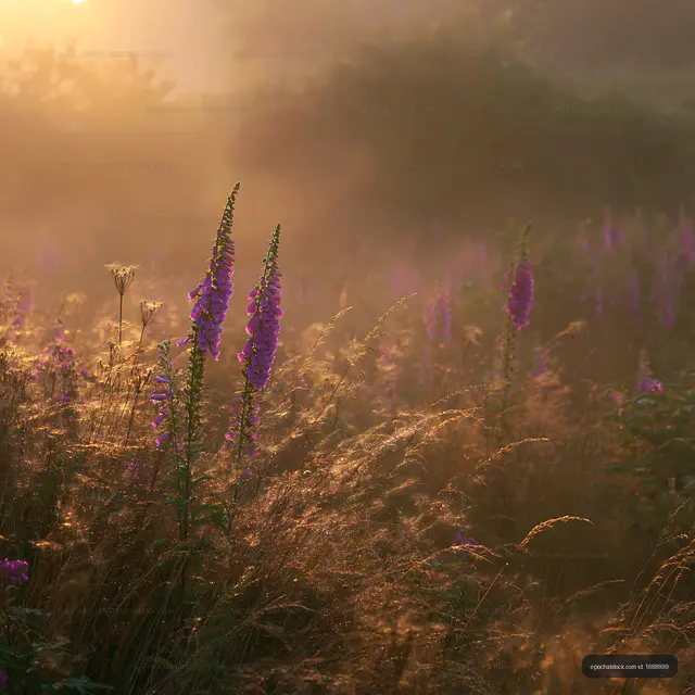 Sunrise light on purple flowers in a grassy field