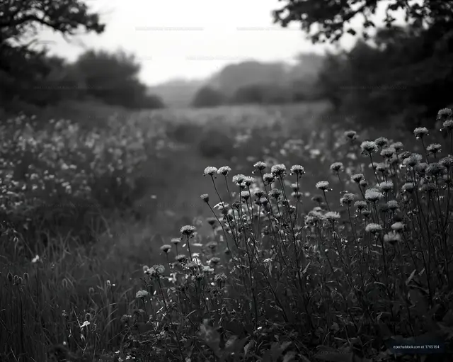 Wildflowers in a black and white landscape at dusk