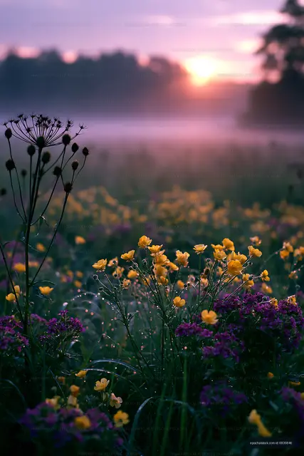 Colorful wildflowers at sunrise in a misty meadow