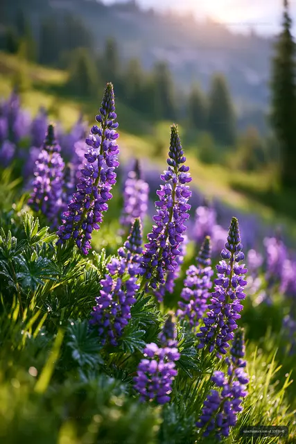 Purple flowers grow on a hillside during sunset hours