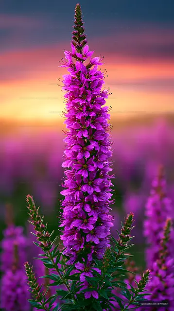 Bright purple flowers against a colorful sunset sky