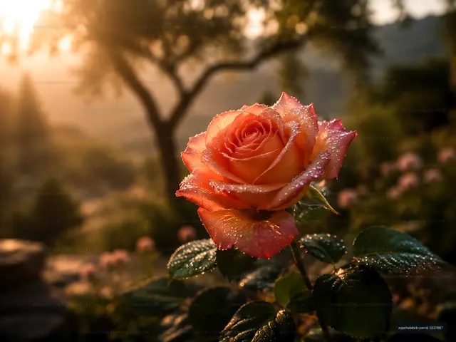 Sunrise over a rose with dew in a garden setting