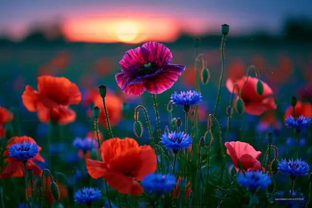 Colorful flowers bloom at sunset in a vibrant field