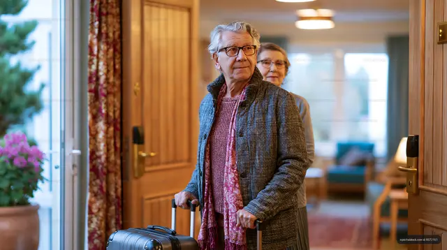 Seniors arriving at a cozy entrance with luggage