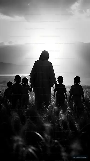 Walking in the fields with children during sunset