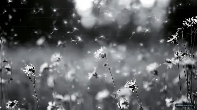 Black and white field of flowers with sunlight and floating particles