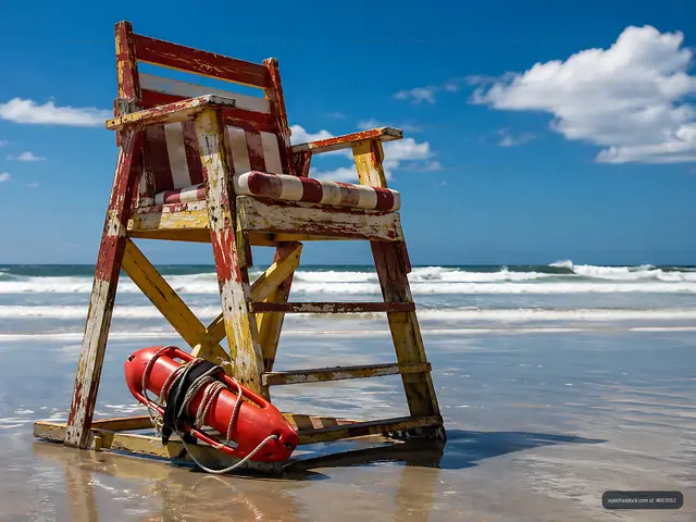 Lifeguard chair and buoy on a beach during sunny day