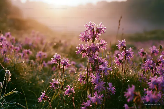 Colorful flowers in a meadow during sunrise