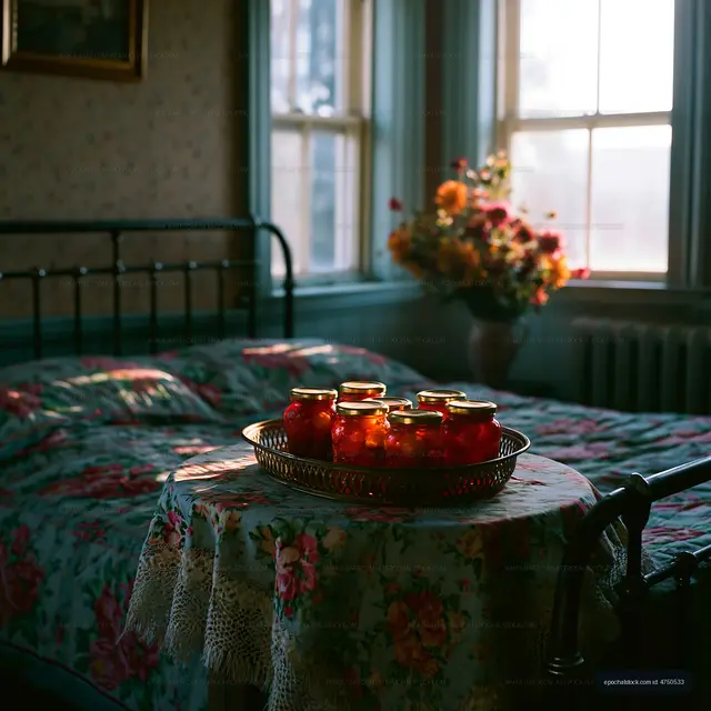 Vintage bedroom with jars of preserves on a table by the window