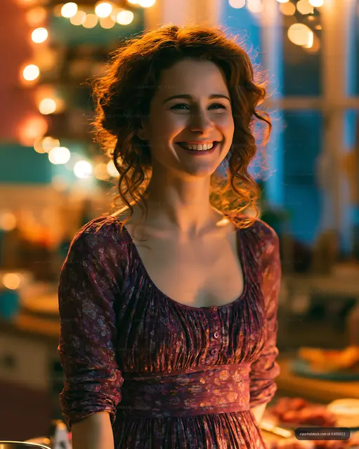 Woman smiling in a cozy kitchen decorated with lights