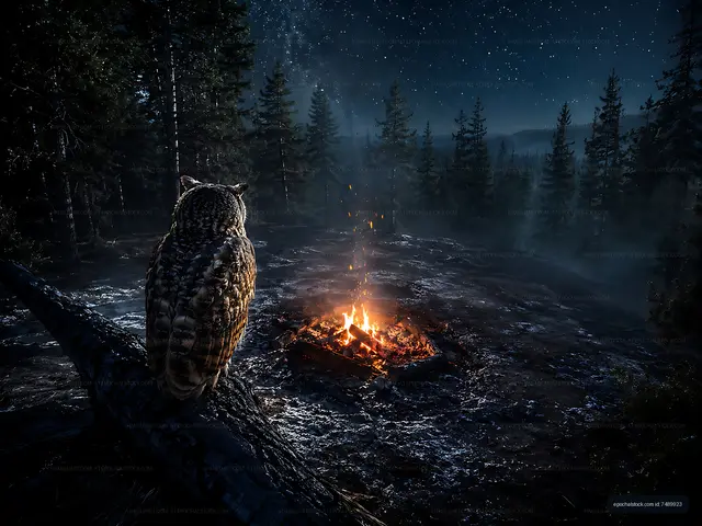 Owl sitting near a campfire under a starry sky