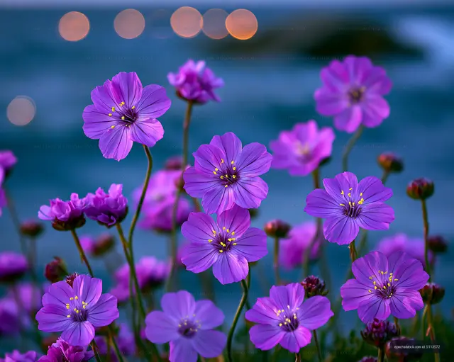 Purple flowers bloom by the shore at dusk