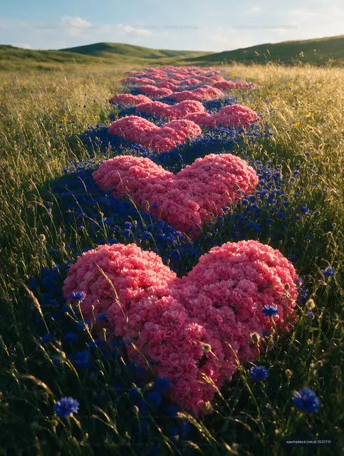Heart-shaped flower arrangement in a grassy field
