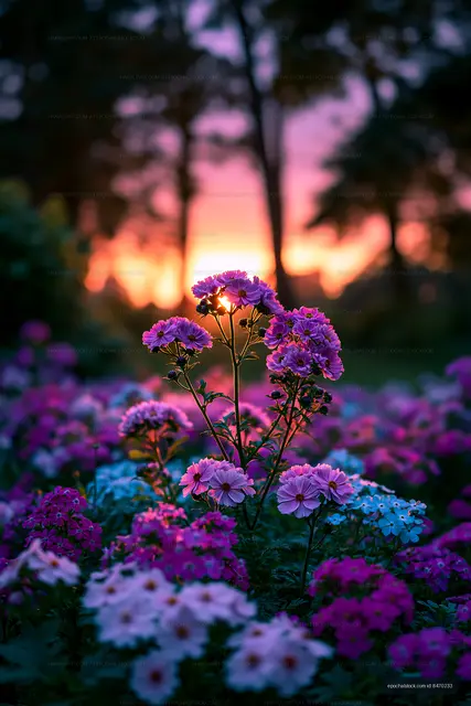 Colorful flowers blooming at sunset in a garden