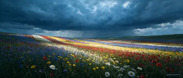 Colorful wildflower field under dark clouds