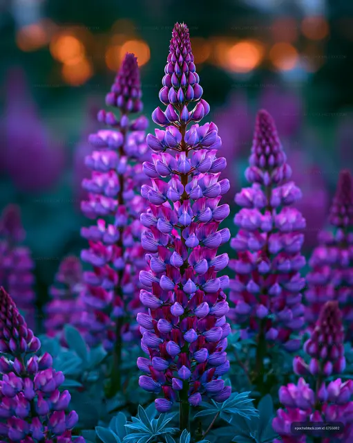 Purple lupine flowers growing in a garden during sunset