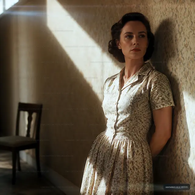 Woman in vintage dress leaning against wall in a dimly lit room
