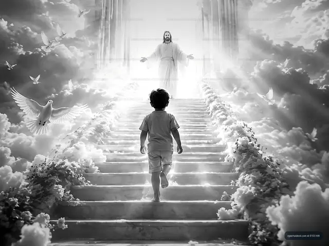 Child walks up steps towards a figure in bright light