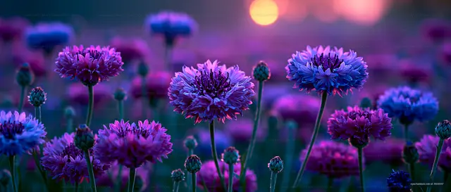 Colorful flowers in a field at sunset near a vibrant background