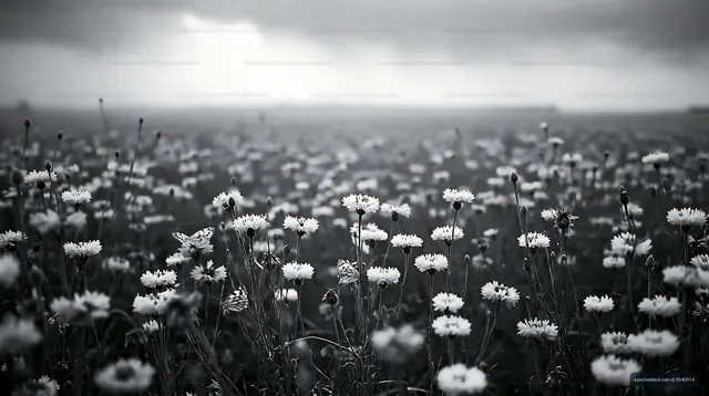 Wildflowers bloom in a black and white field under cloudy sky