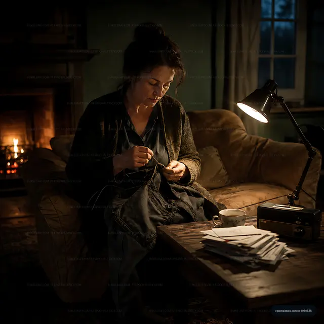 Woman sewing in a cozy living room with warm lighting