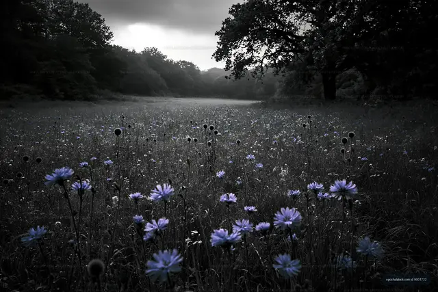 Field of flowers under a cloudy sky in black and white