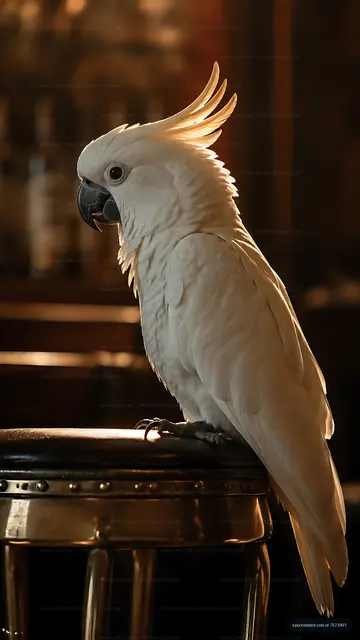 White parrot perched on a bar stool in a dimly lit setting
