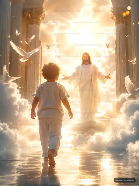 Child walking towards a figure in a bright, cloud-filled setting
