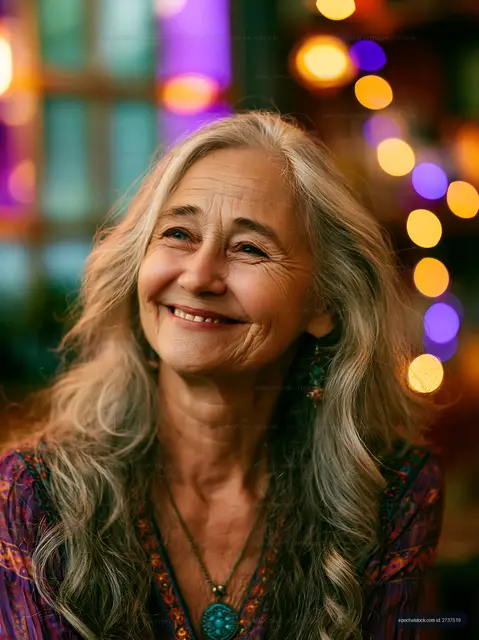 Portrait of smiling woman with long gray hair and colorful background
