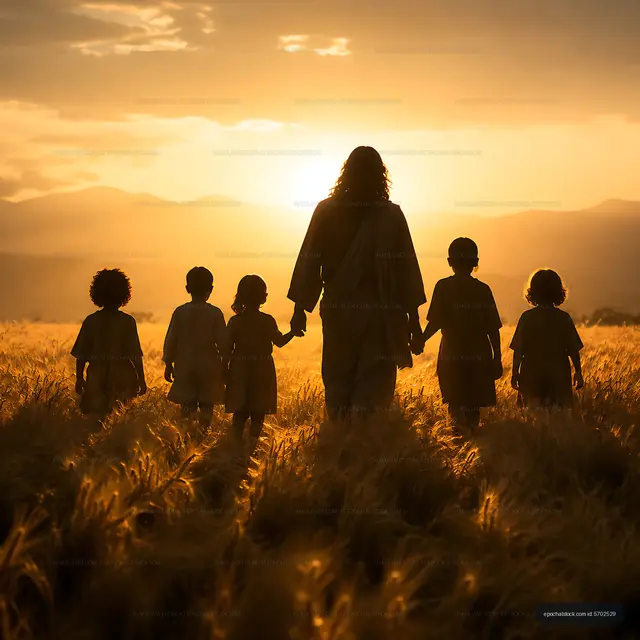 Sunset walk in the fields with children and a figure