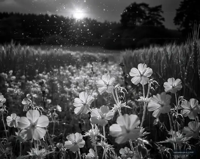 Black and white field of flowers under sunlight
