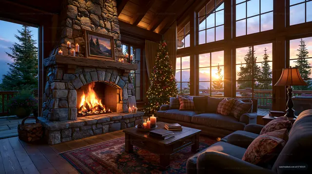 Cozy cabin living room with fireplace and Christmas tree at sunset