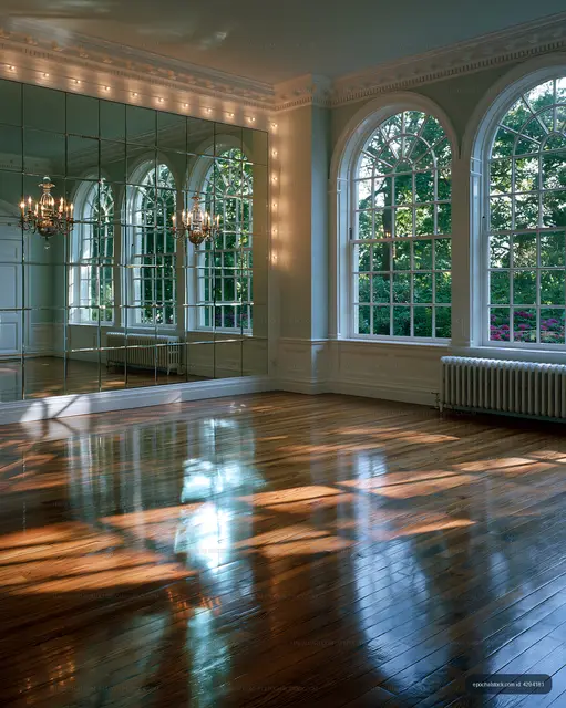 Large empty room with wooden floor and large windows