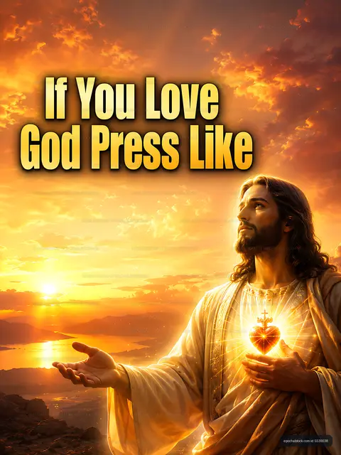 Jesus with heart glowing in hands against sunset background
