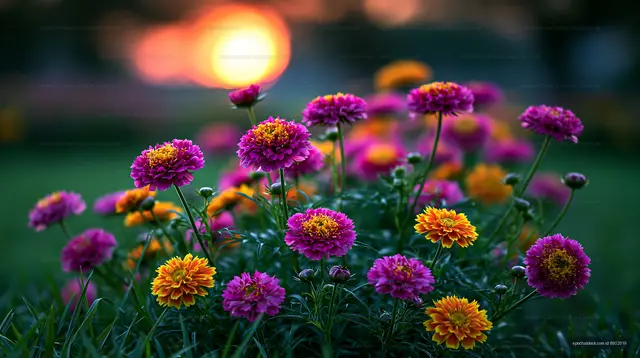 Colorful flowers in a garden during sunset