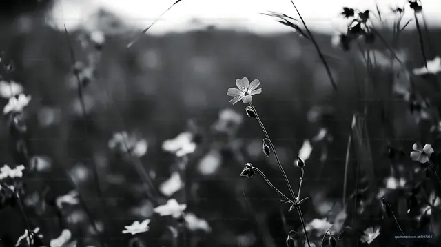 Black and white field of wildflowers with a single bloom