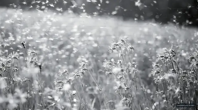 Field of flowers swaying in the wind during a sunny day