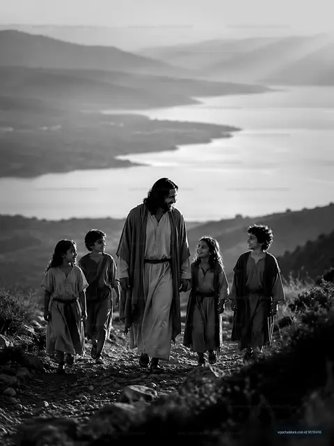 Man walks with children along a mountain path near a lake