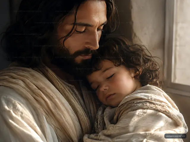 Father holds sleeping child in a quiet room