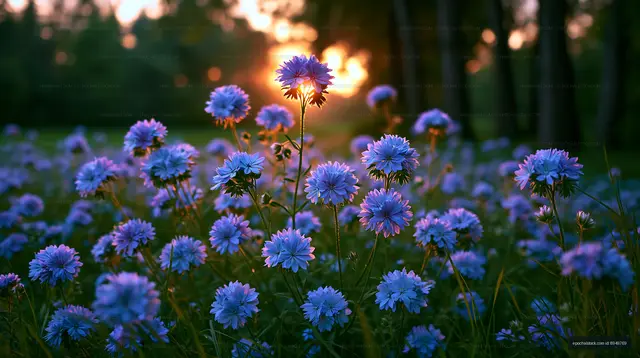 Purple flowers under sunset in a natural setting
