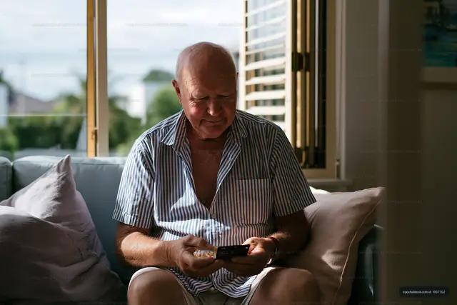 Older man using smartphone while sitting on couch in living room