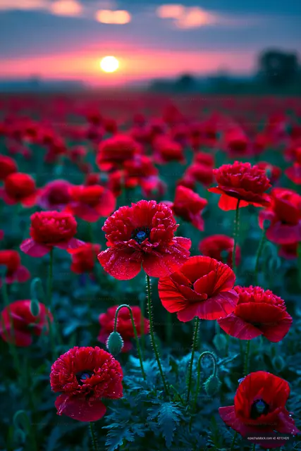 Red poppy flowers in a field during sunset