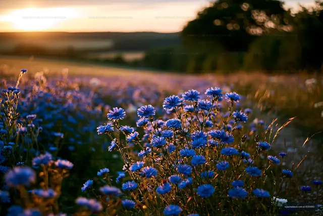 Flowers bloom in a field during sunset in warm light