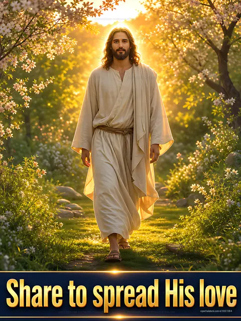 Jesus walking in a garden during daytime