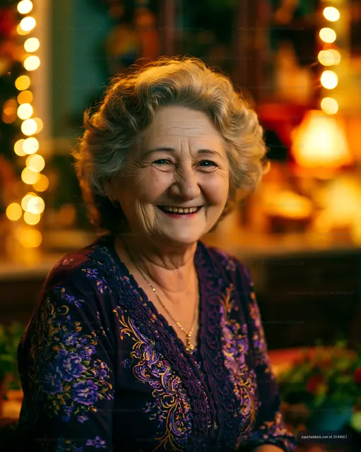 Joyful older woman smiling in a warm, decorated indoor setting
