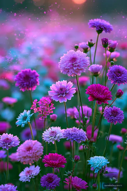 Colorful flowers bloom in a garden during sunset