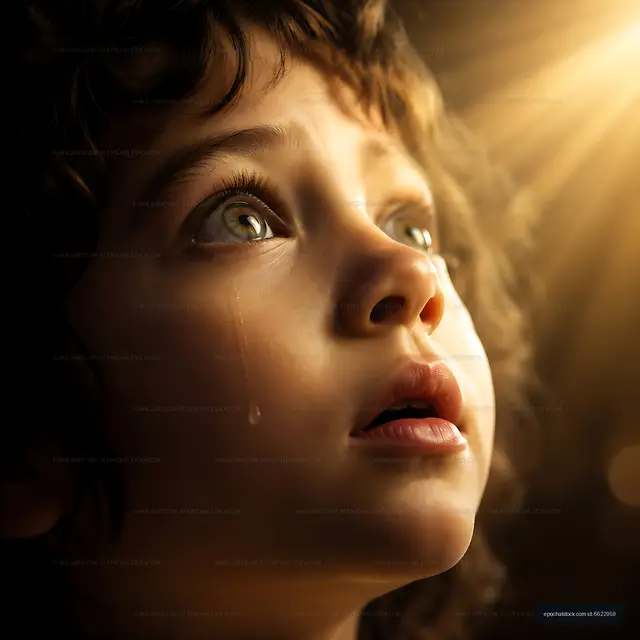 Child looking up with tears in eyes under warm light