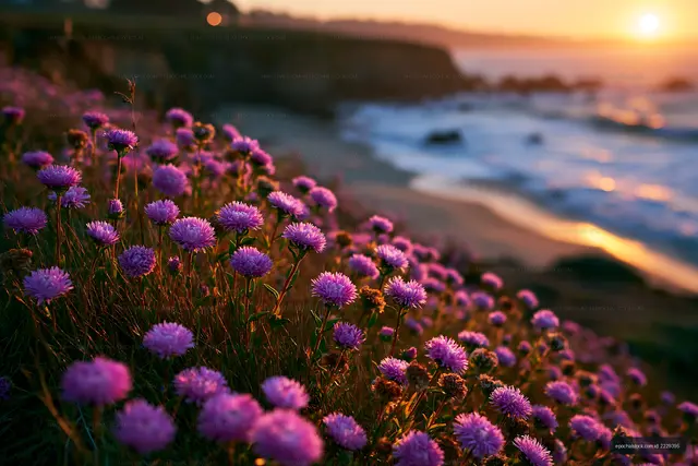 Violet flowers by the shore at sunset