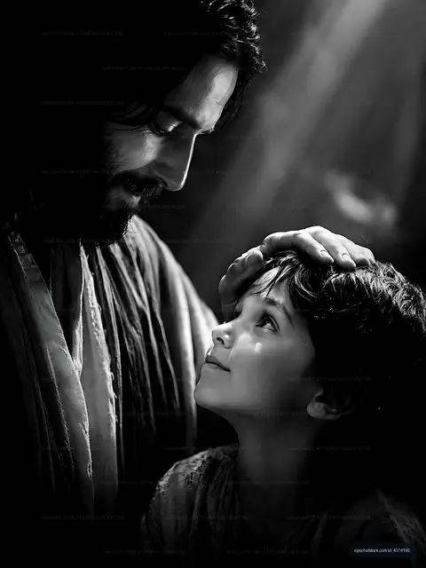 Father and son share a moment in black and white
